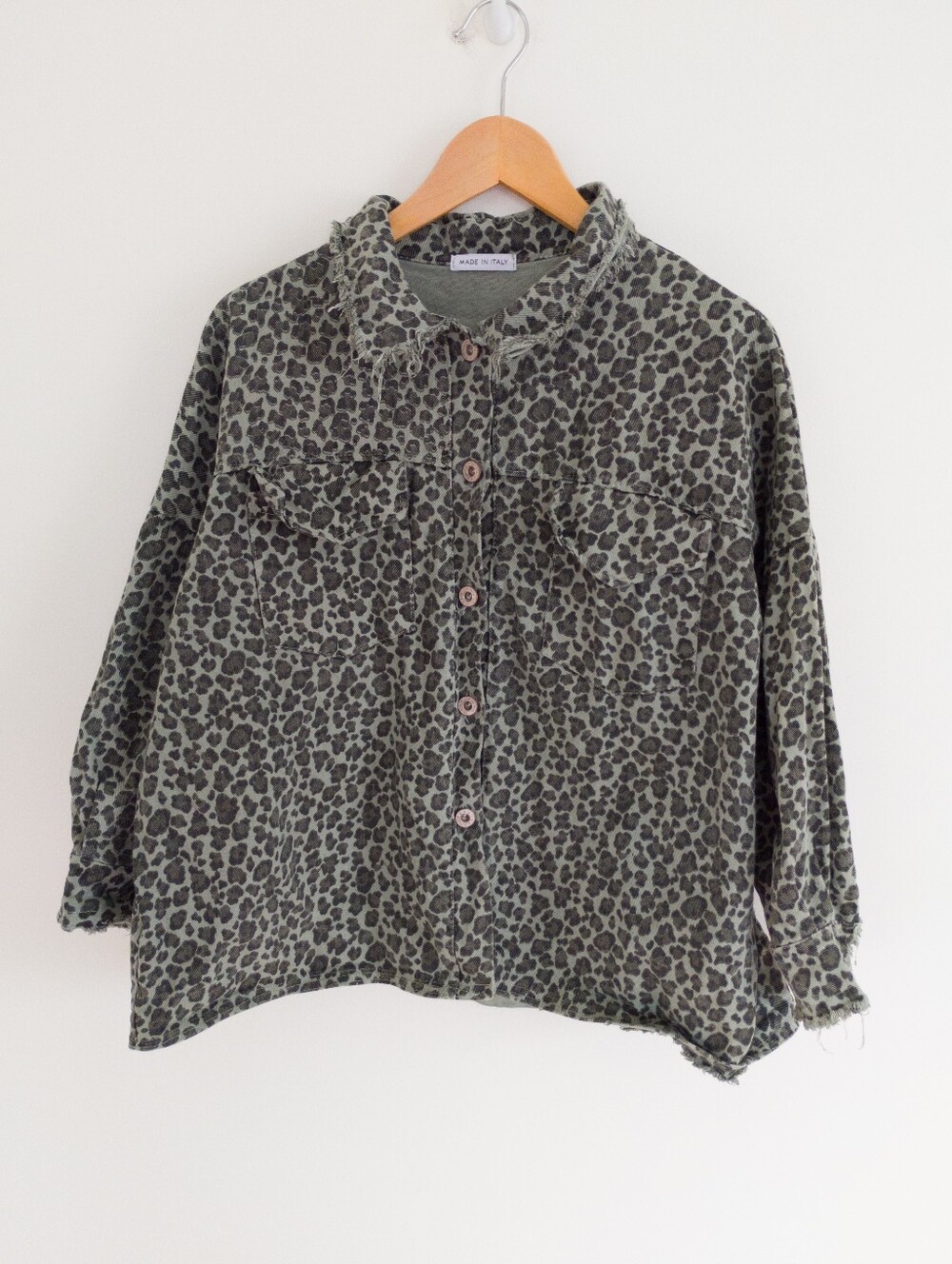 Made in Italy Olive Leopard Print Denim Shacket Jacket Large